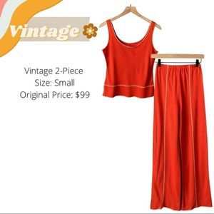 Vintage Wide Leg Pants & Tank Set in Vibrant Red with White Piping